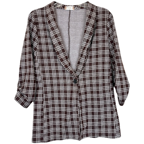 Altar'd State Jackets & Blazers - Altar’d State Aubree Brown Plaid Tartan Blazer Ruched 3/4 Sleeves size Medium